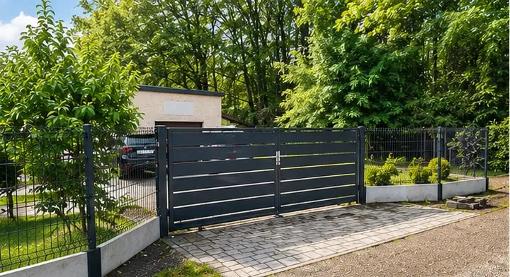 Brama dwuskrzydłowa antracytowa i ogrodzenie panelowe na podmurówce — Lędziny