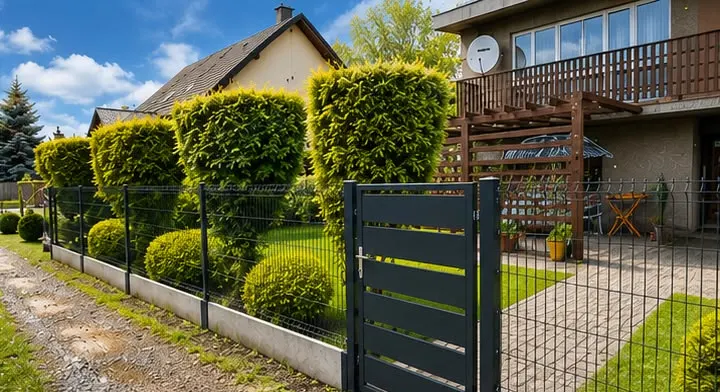 Furtka i ogrodzenie panelowe na podmurówce przy strzyżonych tujach — Śląsk