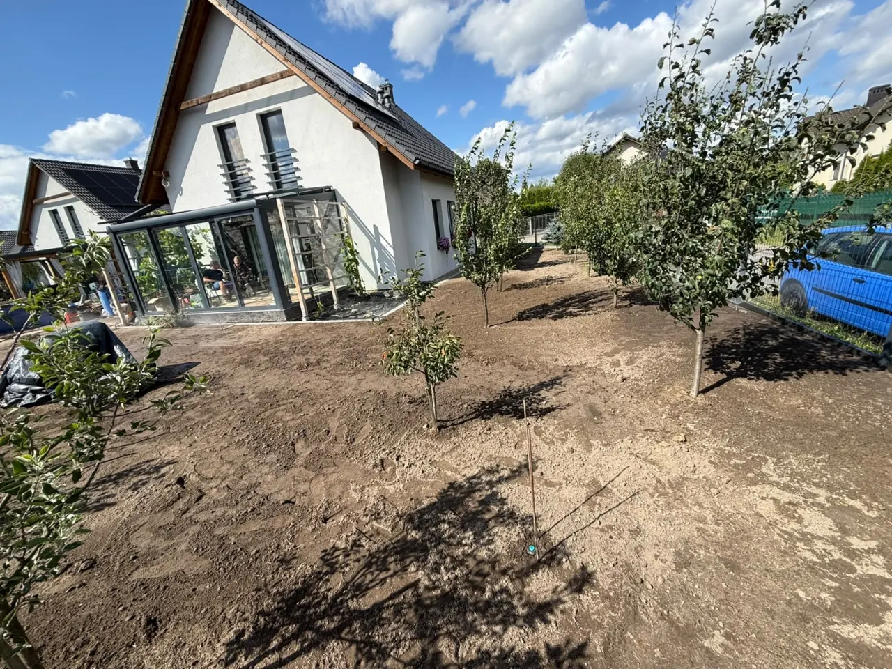 Zakładanie ogrodu — nasadzenia drzew i teren przygotowany pod trawnik, powiat pszczyński