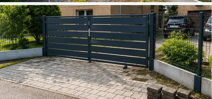 Brama wjazdowa antracytowa i podjazd z kostki brukowej — Gostyń