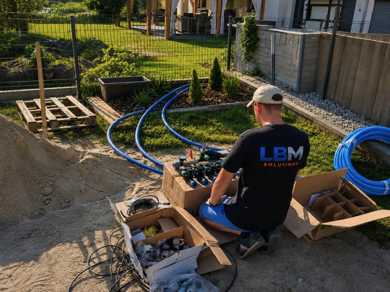 Montaż systemu nawadniania — pracownik LBM Solutions składa rozdzielacz sekcji z zaworami — Lędziny